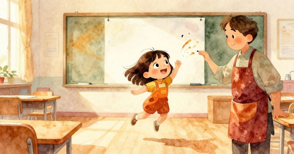 米婭興奮跳躍,牆上海報穩固,畫師微笑點頭,整個教室明亮平靜,呈現創作成功後的溫馨結局。