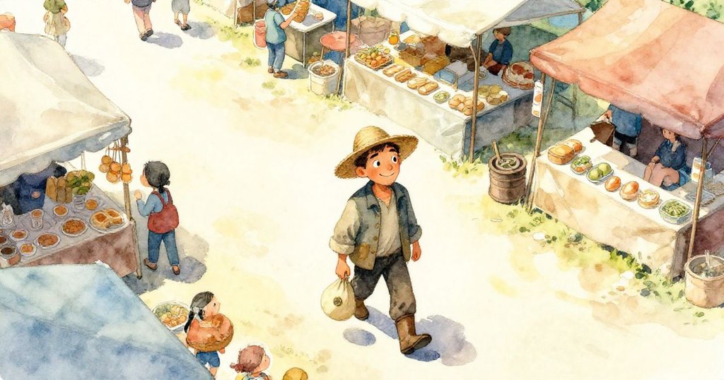 農夫走在燦爛市集上方視角,袋內硬幣搖晃,攤位鮮豔,充滿活力與希望。