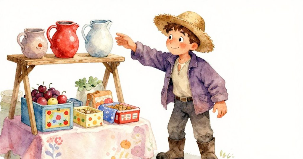 農夫在市集中伸手觸摸高處罐子,小盒彩布鮮明,眼神專注,動作細膩充滿期待。