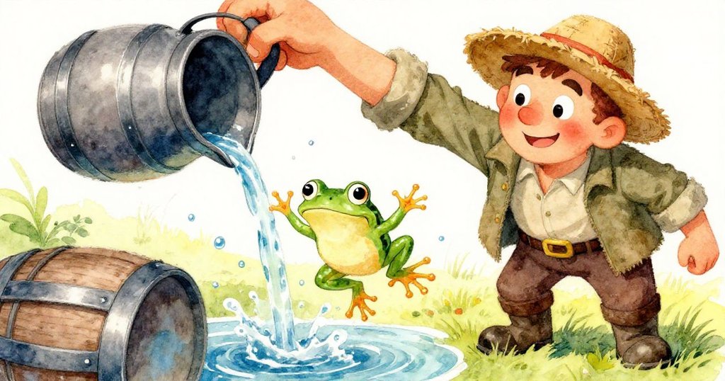 水花四濺中,青蛙從低角度躍起,農夫忙於裝滿水的罐子,動態生機突顯歡愉情感。