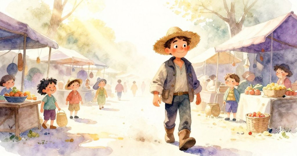 農夫踏過揚塵市集,陽光透過藍天灑下,塵埃隨步伐飛揚,充滿溫暖季節氣息。