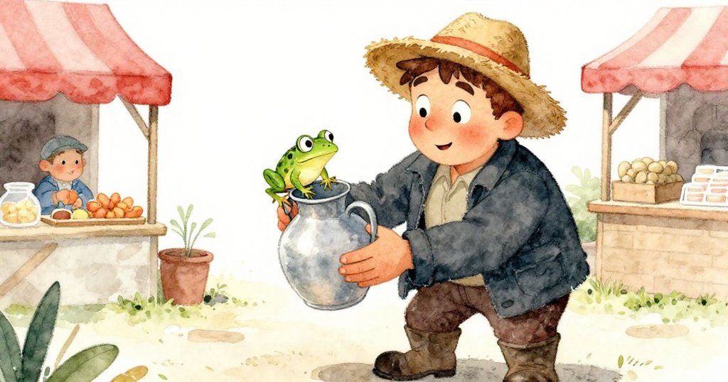 農夫目光驚喜,細心持罐,青蛙落在罐緣,情感豐富,動作精緻展現溫柔互動。