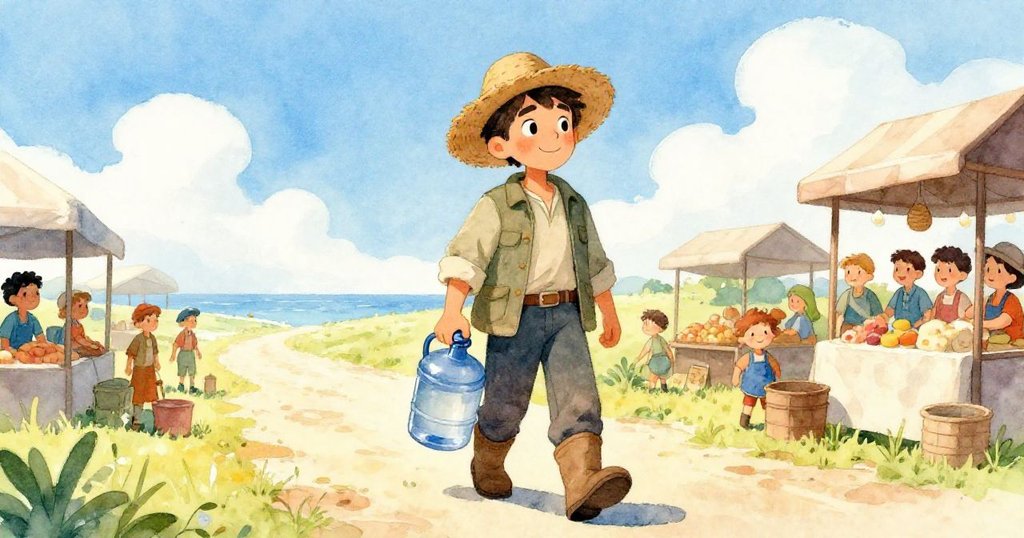 農夫手持水罐,步向開闊道路,新天際展現希望,背後市集漸隱,滿懷冒險與期待之情。