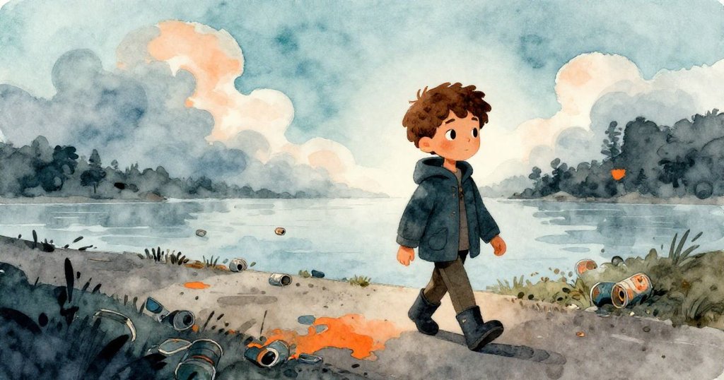 露卡斯沿海濱小徑前行，背景中風起雲湧與漂移罐子，表情堅定且充滿期待，營造出冒險開端的神秘氛圍。