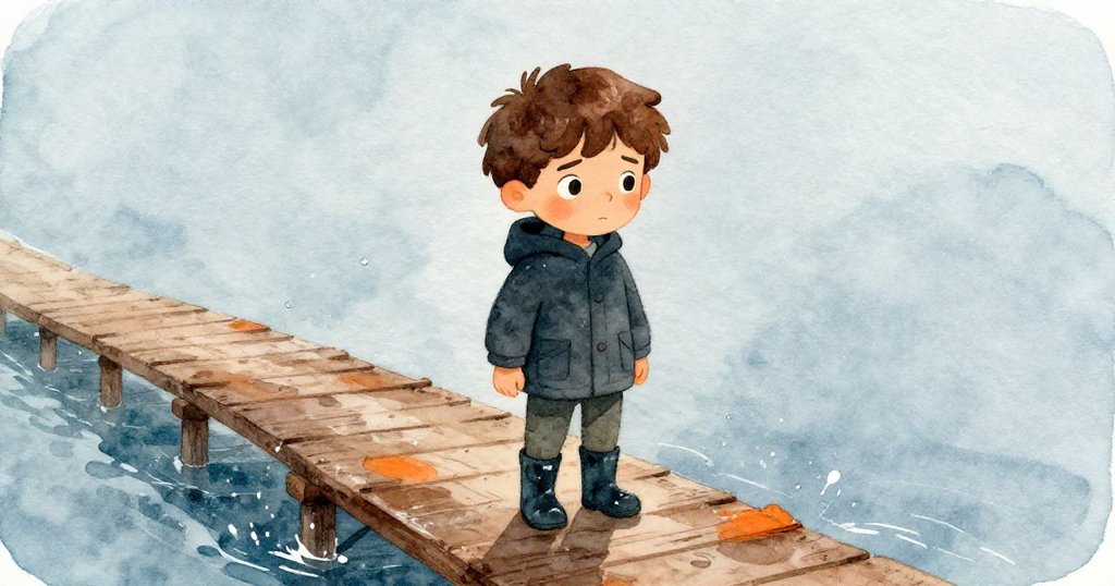 露卡斯走在空曠天橋上，水滴從靴子中彈起，風輕拂掀起斗篷，背景空白呈現孤獨及堅定的旅程情感。