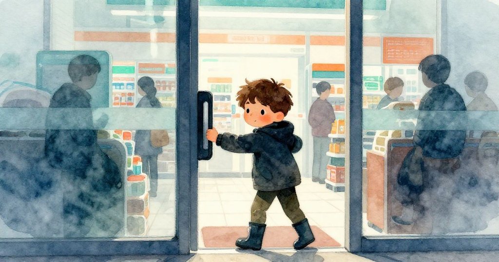 露卡斯站在便利店入口前透過玻璃窺視內部忙碌場景，感應門微顫，他表情驚奇且充滿好奇，營造出緊張期待的瞬間。