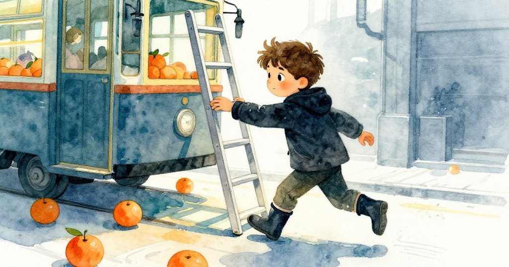 露卡斯在便利店內奔走，迅速扶住搖晃的梯子，周遭橘子滾動，面露決斷與活力，整體畫面動感十足。