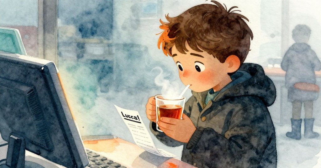 露卡斯在結賬區前輕輕握著冒氣茶杯，臉上洋溢安心微笑，細心收好找回的收據，溫暖希望充滿整個畫面。