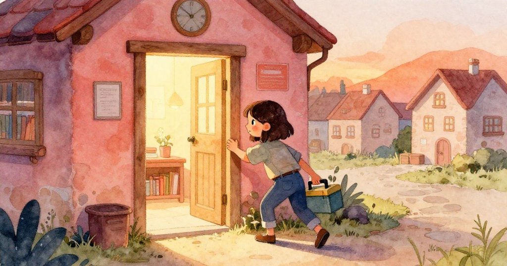 米婭在晨光中推開鄉村圖書館的彩繪門,手提工具箱,神情充滿希望,環境明亮呈現全景。