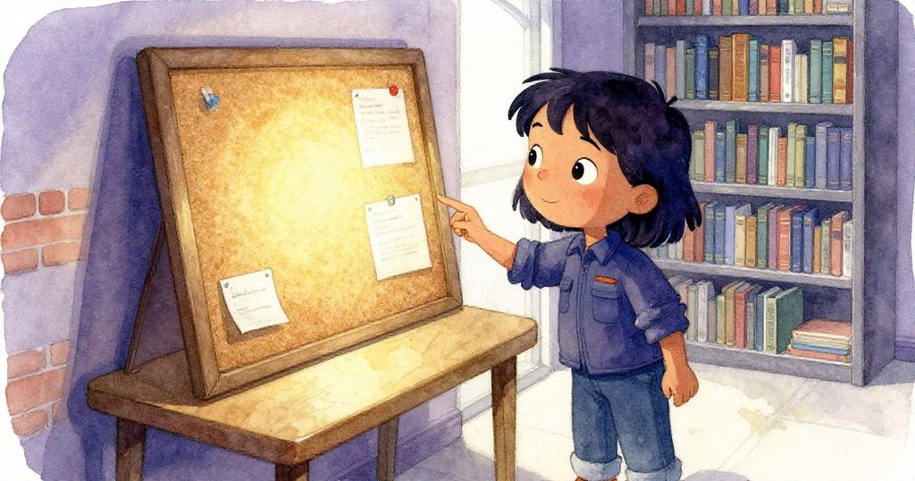 米婭在室內注視桌上軟木佈告板和塑膠覆蓋的金屬軌,細節明顯,牆面部分未修飾,神情充滿好奇。