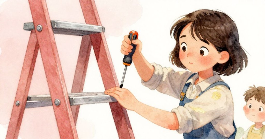 米婭專注操作手動螺絲起子,細部特寫展現她用金屬軌固定搖晃梯子,神情中流露出擔心與決心。