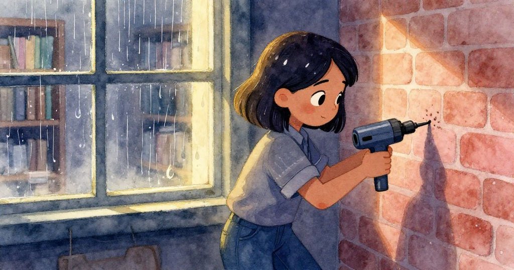 米婭在室內對著磚牆專注鑽孔,窗外雨點輕敲玻璃,神情沉穩,環境呈現雨中反光的細節。