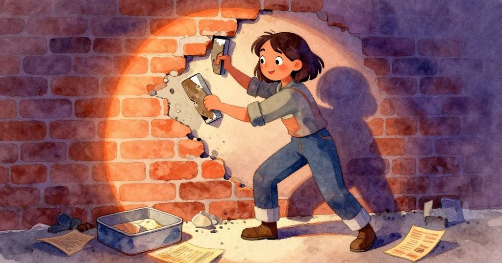 米婭迅速行動邊敲除牆面砂漿,意外露出小鐵盒和散落文宣,神情既驚訝又興奮,場景動感十足。