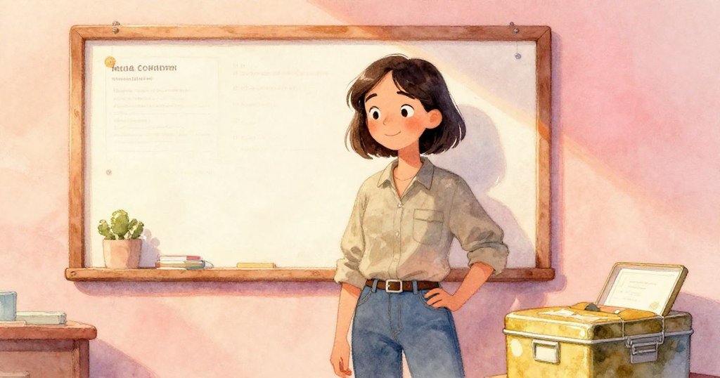 米婭整理完工作後端詳穩固的佈告板與發現的鐵盒,臉上滿是柔和滿足的微笑,場景溫馨平靜。