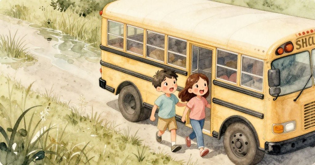 Leo和Maya從校車下來，站在波光粼粼的池塘旁，高草搖曳，兩人充滿期待展開冒險之旅。