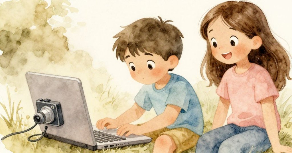 Leo專注操作筆記型電腦，Maya準備按下錄影鍵，雙手細節清晰展示設備與戶外光影，充滿求知與期待。