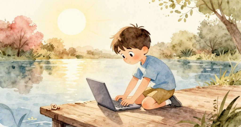 Leo跪在平台上調整筆記型電腦遮擋強光，低角度強調其堅定目光，背景中水面微光閃爍，充滿創意與穩重。