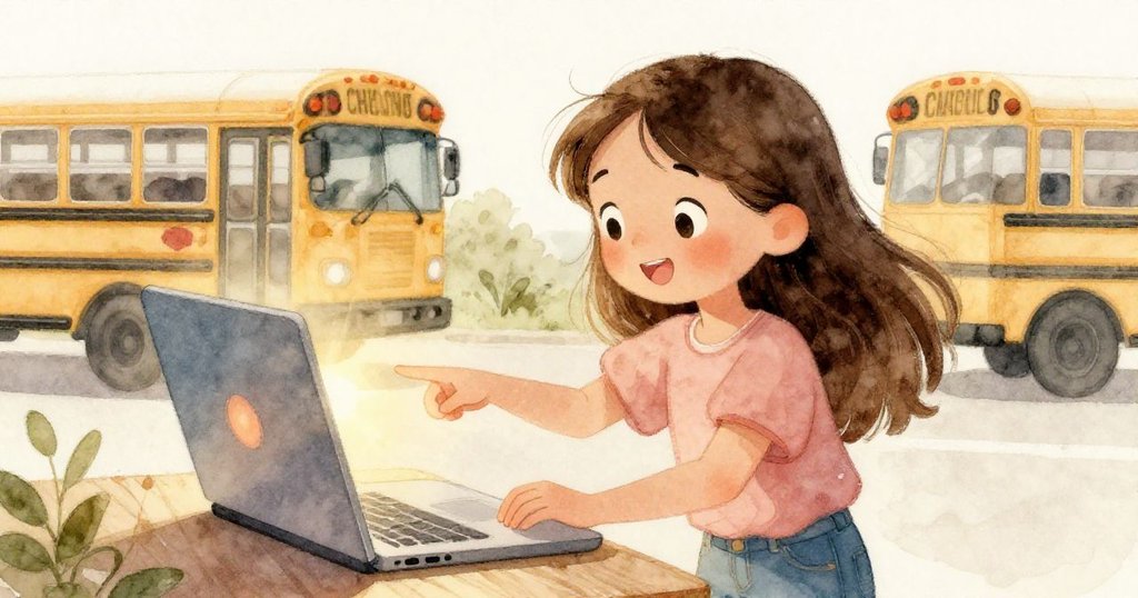 Maya勇敢按下錄影鍵，眼神充滿希望，螢幕因陽光泛暗，遠處隱現校車，象徵著時間與期待的交匯。