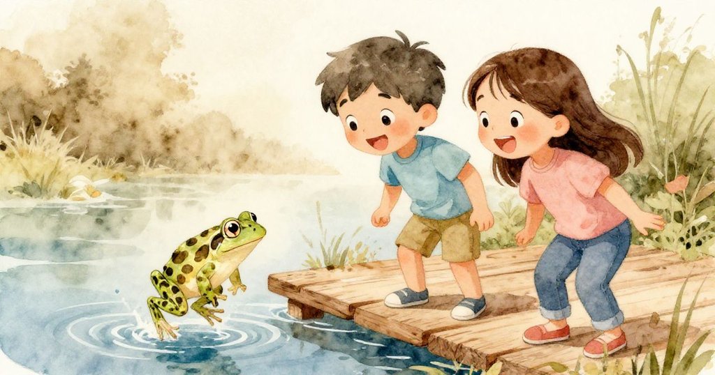Leo與Maya驚喜盯著小青蛙從水中彈出，平台上展現活力瞬間，互動中洋溢着童真與快樂。