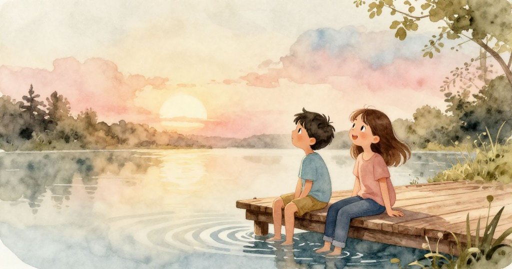 Leo與Maya靜坐木台上，欣賞水面漣漪逐漸消退，夕陽映照下洋溢著平和與滿足的溫暖氛圍，完美收尾冒險。