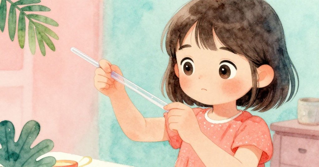 莉娜近距離專注舉起塑膠梁，眼神透露驚訝與專注，背景中隱約出現工藝材料。