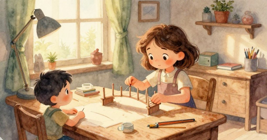 從小生物視角看見明亮彈珠滾動撞擊鉛筆與瓶罐，桌面上工藝材料隨之散落，充滿玩味和溫馨氣息。