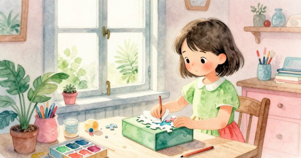 莉娜在開窗前凝望戶外柔和光線，同時細心擦拭濕潤拼圖盒，室內外自然光線交織，洋溢溫暖與和諧。