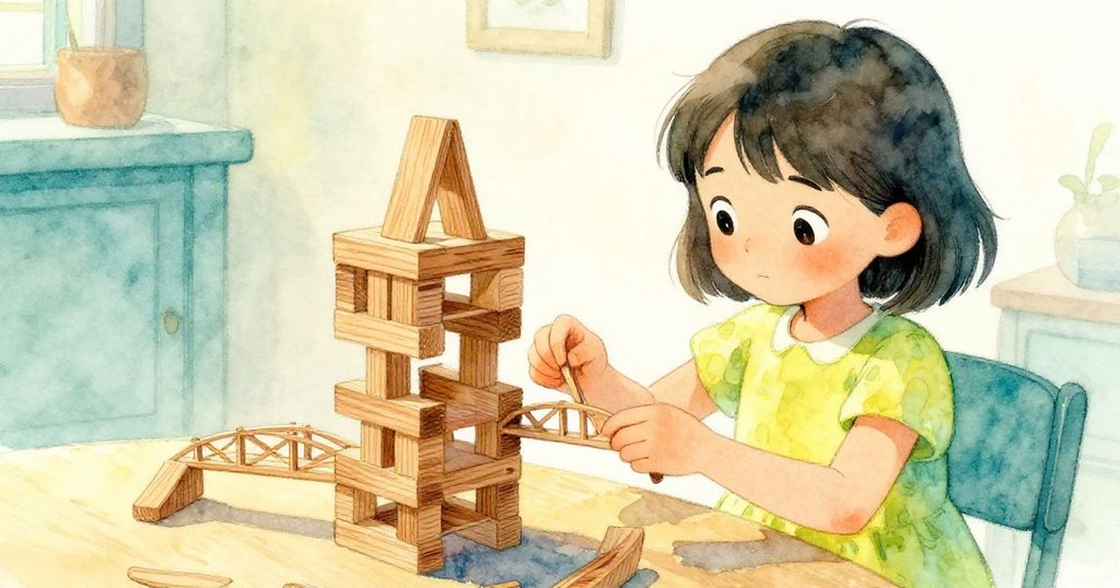 莉娜專心致志修復歪斜木塔並粘合橋部，她的眼神堅定，室內工藝環境充滿溫暖光影，洋溢著發現新奇的喜悅。