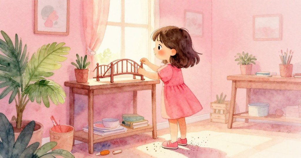 莉娜滿意微笑著將完成的橋放上架子，鞋旁灑落木屑，房間散發寧靜溫暖，完美結束一天的創作旅程。