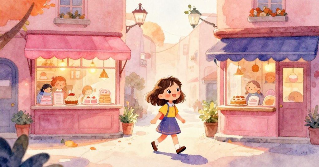 莉莉快步走向陽光下溫暖的小麵包店，充滿期待的眼神映著晨曦，街道色彩柔和而溫馨。