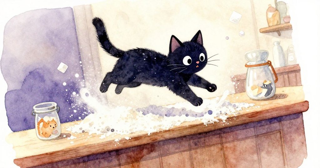 傾斜視角下櫃檯上麵粉爆發，糖粒散落，小黑貓靈巧躍起，呈現一幕動感溫暖的麵包店情景。