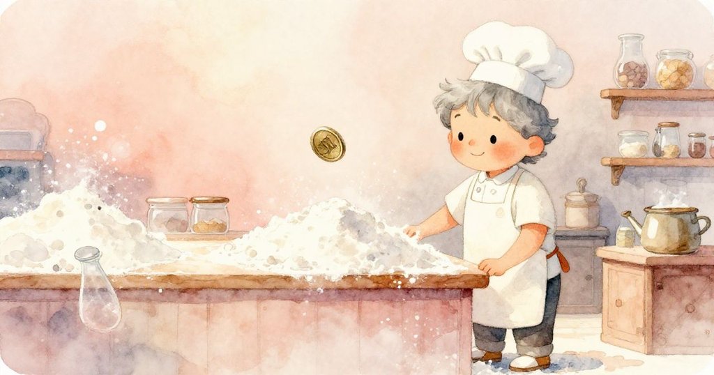 柔和麵粉如流動海洋覆蓋櫃檯，硬幣懸空，麵包師微笑走進這充滿魔幻感的溫暖空間。