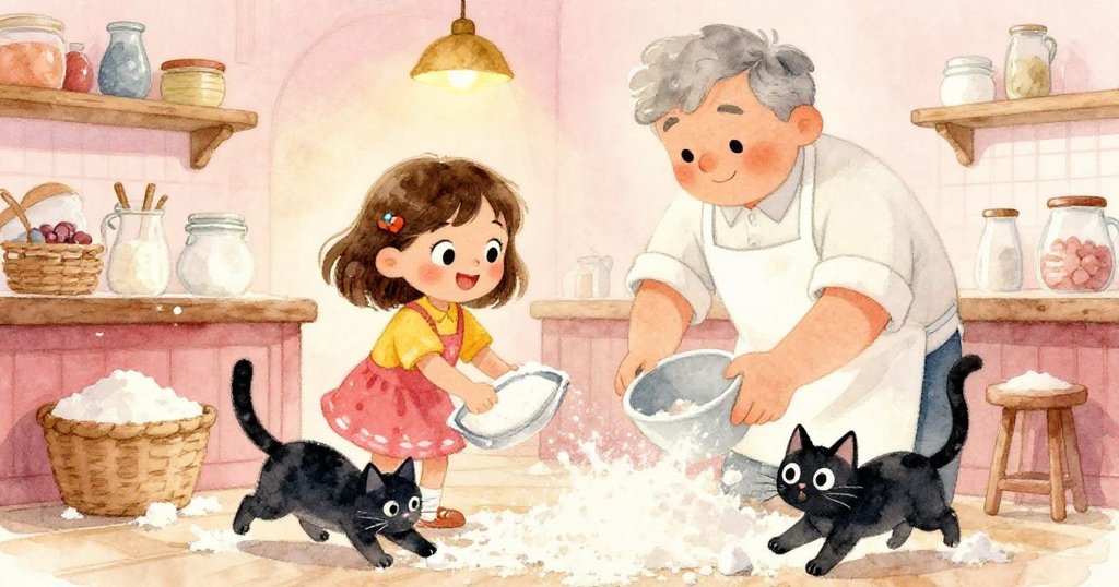 莉莉與麵包師攜手清掃櫃檯上散落的麵粉與糖粒，小黑貓在一旁嬉戲，兩人臉上掛著愉快笑容。