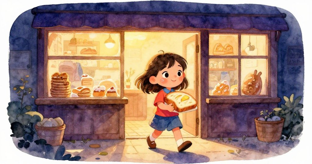 莉莉手捧免費奶油麵包離開麵包店，臉上留著微微麵粉印記，夕陽下走向家園滿懷喜悅。