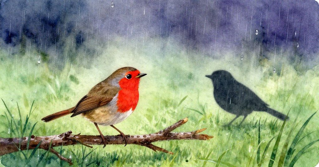 在綠意盎然的草地上，小紅知更鳥活力四射地跳近低垂樹枝，雨滴輕柔落下，充滿期待與好奇，開啟冒險旅程。