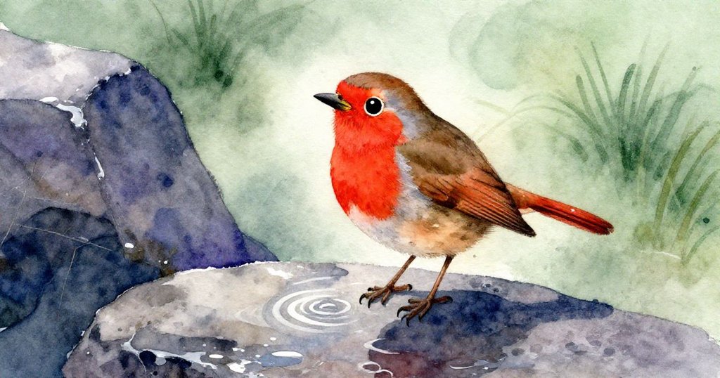 紅知更鳥優雅降落於濕潤岩石上，水面上微微漣漪映出鳥影與自然色彩，帶來溫柔且驚喜的瞬間。