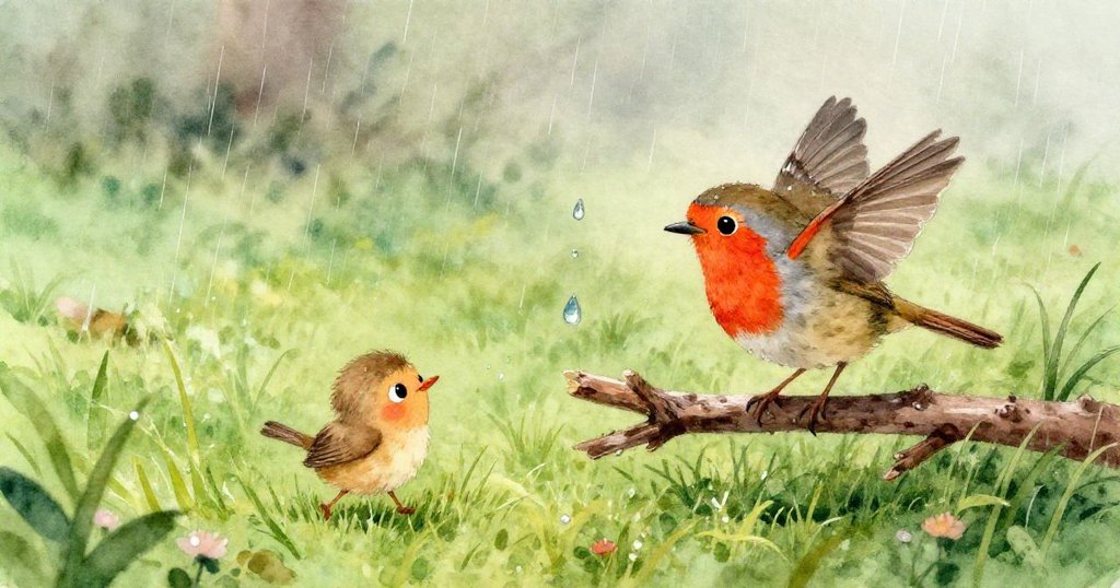 從水下視角看見雨珠自岩石滑落，形成閃亮環圈，紅知更鳥的足跡隱約映在水面，展現出大自然的神秘和靜謐。