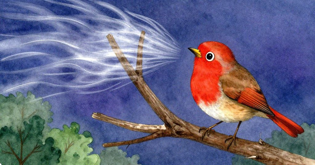 在突遇風勢推動樹枝高揚的一刻，紅知更鳥奮力拍打翅膀，面帶緊張與決心，迎向眼前險阻的挑戰。