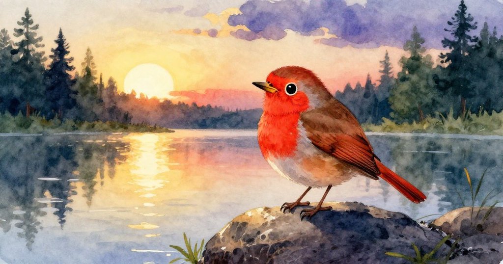 在溫暖金色夕陽的照耀下，紅知更鳥靜靜棲息於濕潤岩石上，雨漸停大地重現寧靜，帶來溫柔平和的結局。