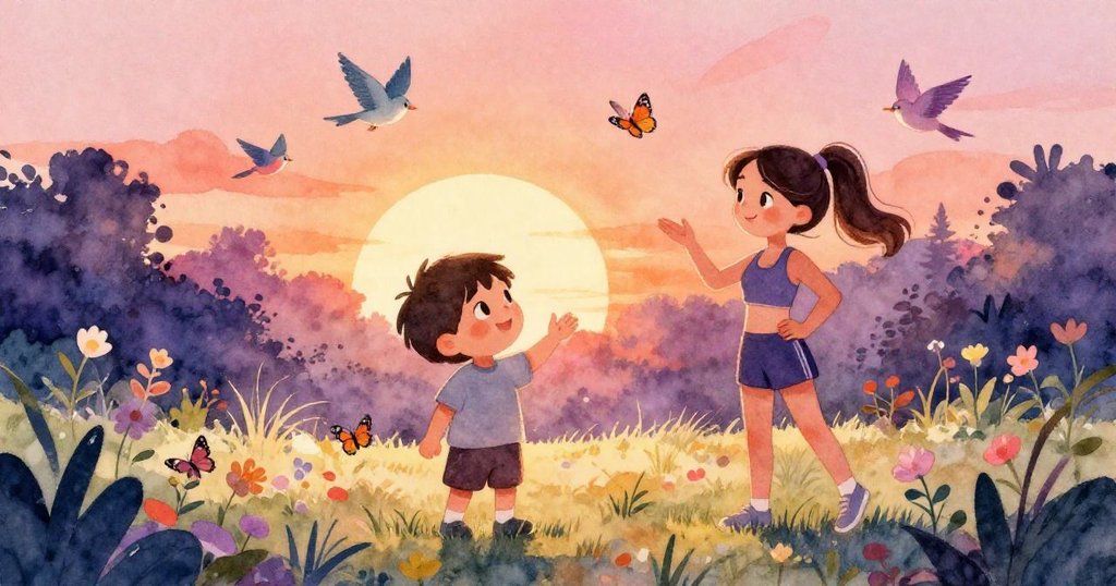Milo與June在早晨花園中互動，陽光照射下充滿溫暖與希望，周圍有小鳥和蝴蝶，展現故事開端的生機。