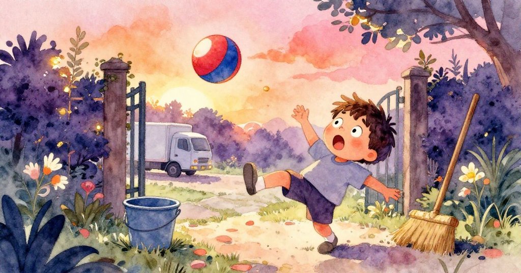 Milo因大卡車經過而嚇到，腳滑失誤，橡膠球飛出撞擊掃帚與桶子，場景充滿意外的動感與驚訝。