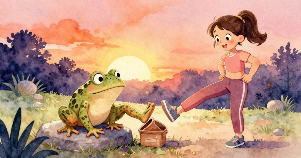 黏土青蛙從石上滑落，碰觸June後滾向盒子，June與Milo驚喜發現意外得分，展現故事轉折時刻。