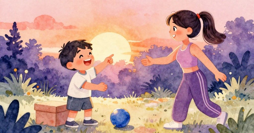 Milo大笑與June點算後握手，重新擺好橡膠球，背景花園溫馨明亮，象徵故事順利結局並迎向新冒險。