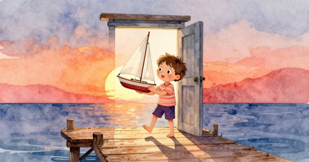 盧卡斯在溫暖夕陽映照的木製碼頭入口邁步前行, 手握小帆船, 表情充滿期待與冒險精神,海面平靜散發金色光芒。