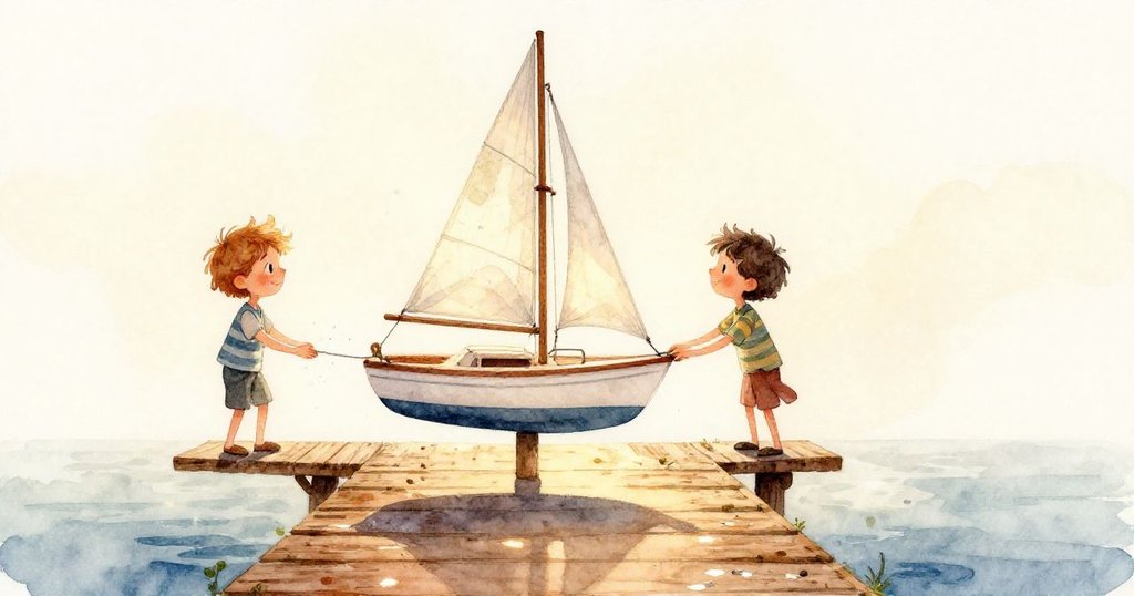 盧卡斯專注地用手抓著滑動的繩子與小帆船, 指尖細緻展露決心, 沙灘海風輕拂,傳達著學習與嘗試的情感。