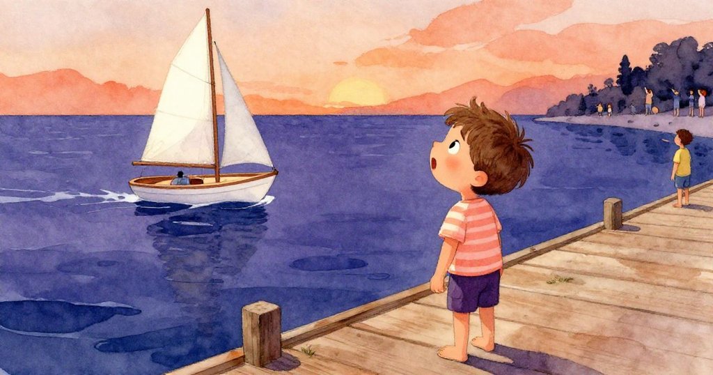 從上方俯視盧卡斯站在木製碼頭上, 目光專注中隱約表露擔憂, 背景旅客指著飄遠的小帆船,氣氛中透著意外與緊張。