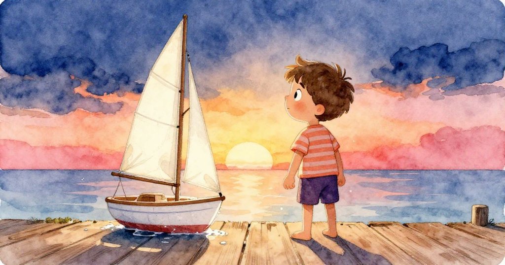 盧卡斯手握濕潤帆船站在木製碼頭邊, 眼神堅定展望遼闊海平線, 海鷗翱翔,透露著克服挑戰後的希望與新旅程。