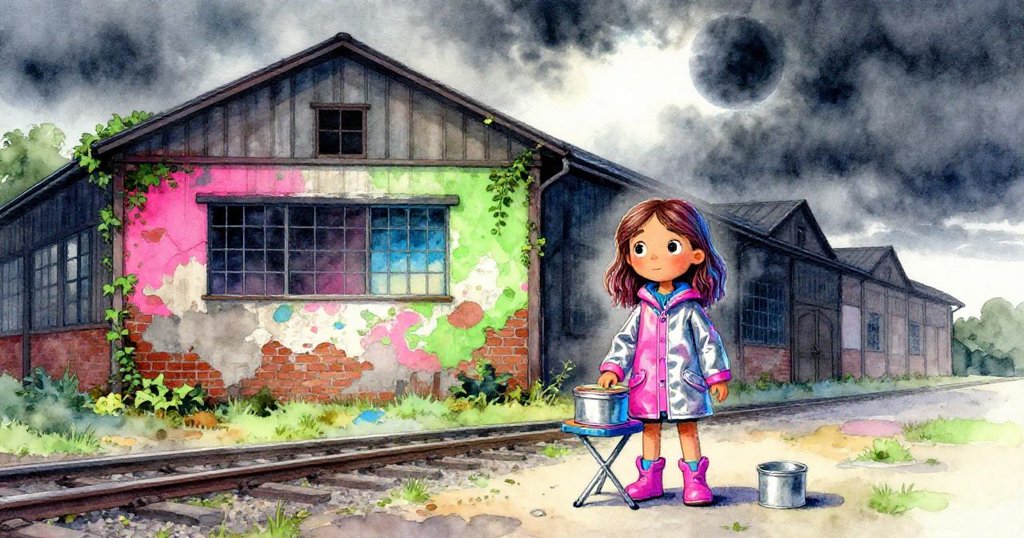 Lena在老舊鐵路倉庫旁擺放摺疊凳，背景展示剝落彩繪牆面和陰暗天空，開場充滿期待與探索的情緒。