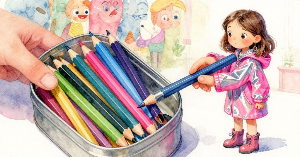 Lena細心從金屬盒中取出彩色鉛筆，摺疊凳隱約在後，畫面細膩展現準備創作的期待與細節。