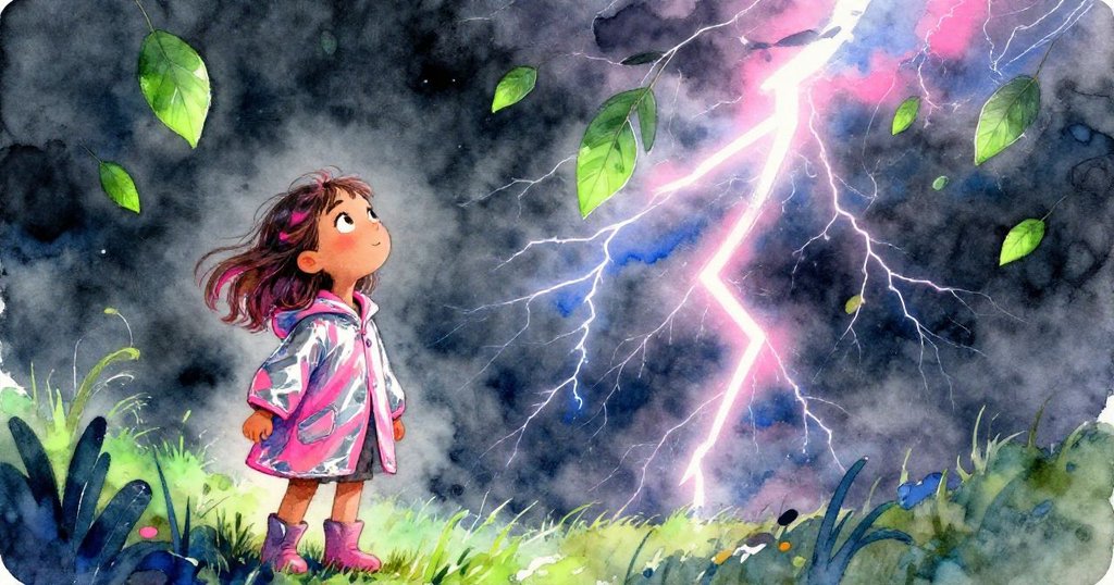 Lena從低角度仰望猛烈閃電與旋風拂過的落葉，面露驚奇與堅定，天空與大地戲劇性呼應高潮。